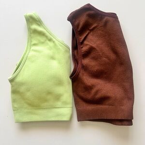 Sportneer Green One Shoulder Ribbed Crop Tank & Nasty Gal Brown Ribbed Crop Top